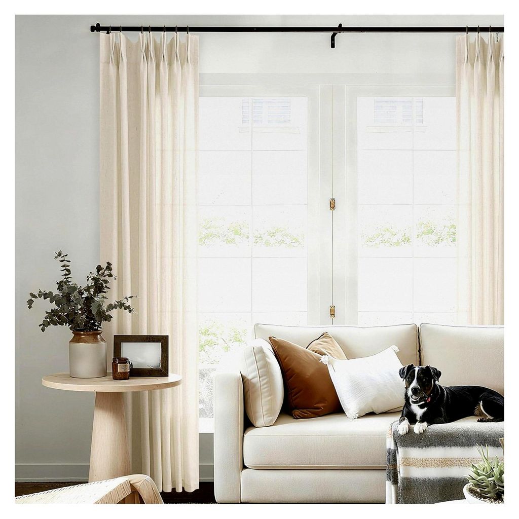 Plissee-Vorhänge aus Leinen, 274 cm lang, für Wohnzimmer und Esszimmer, mit Haken, Ringen und Schlaufen auf der Rückseite, creme-beige, lichtfil...