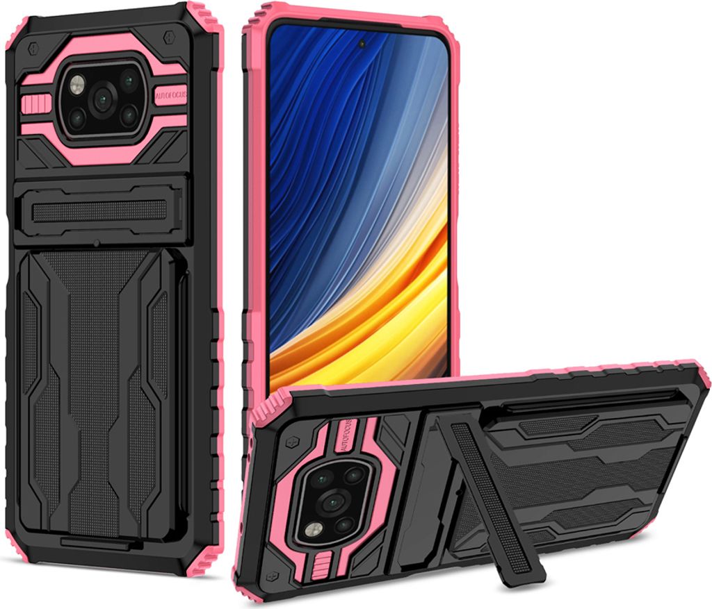 Xiaomi Poco X3 Hülle, Hybrid Robust Schutz Stoßfest Schutzhülle mit Kartenhalter Ständer für Xiaomi Poco X3 NFC / Poco X3 Pro Rosa