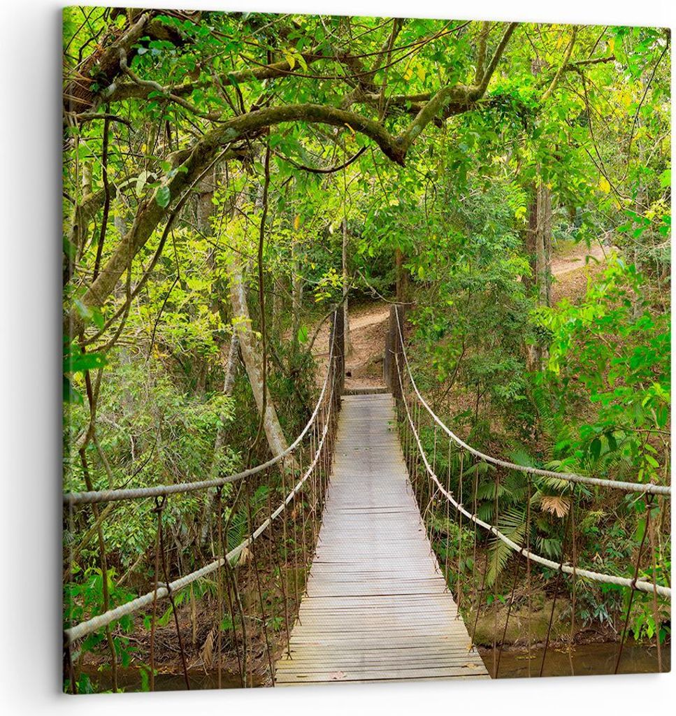 Bild auf Leinwand - Leinwandbild - Fußgängerbrücke Wald Abenteuer - 50x50cm - Wand Bild - Wanddeko - Leinwanddruck - Bilder - Kunstdruck - Wandd...