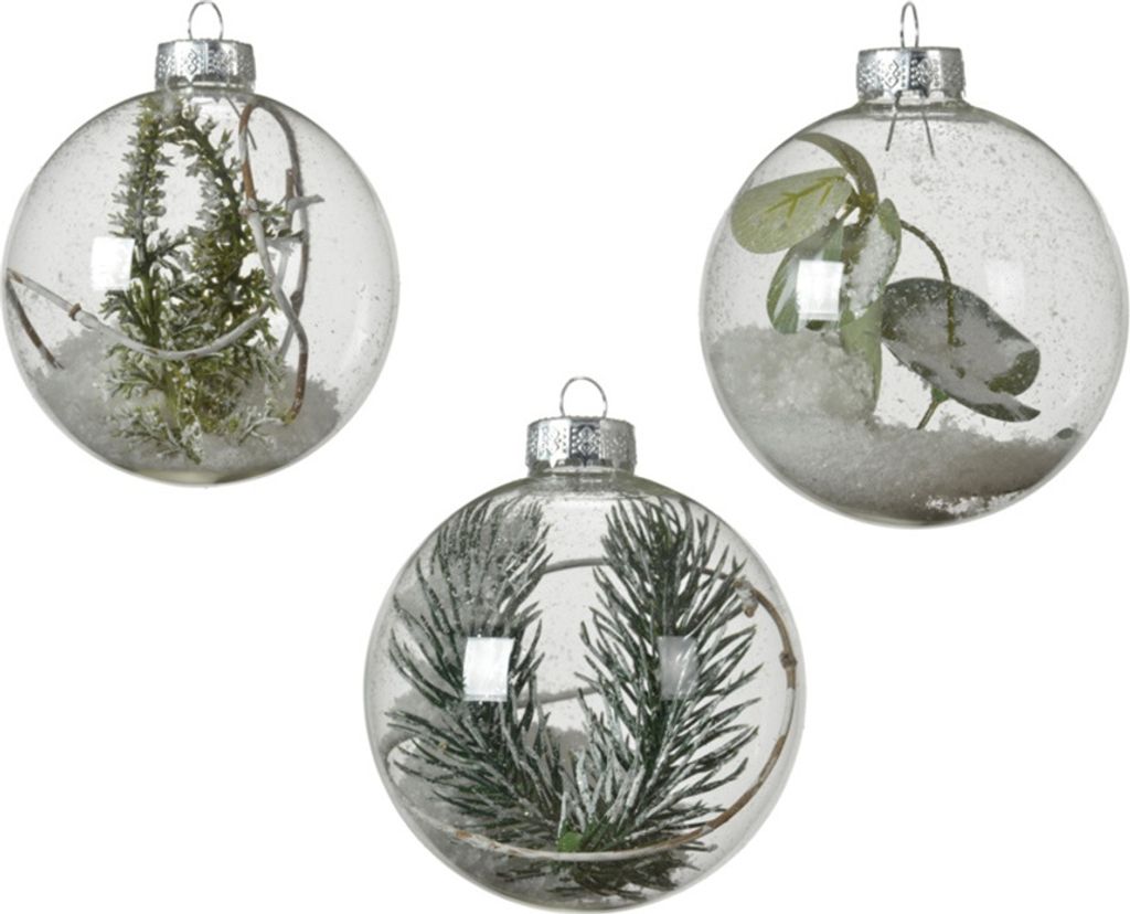 Weihnachtskugeln Zweige mit Schnee 8cm 3er Set - echtes Glas mit Aufhänger - 3er Set