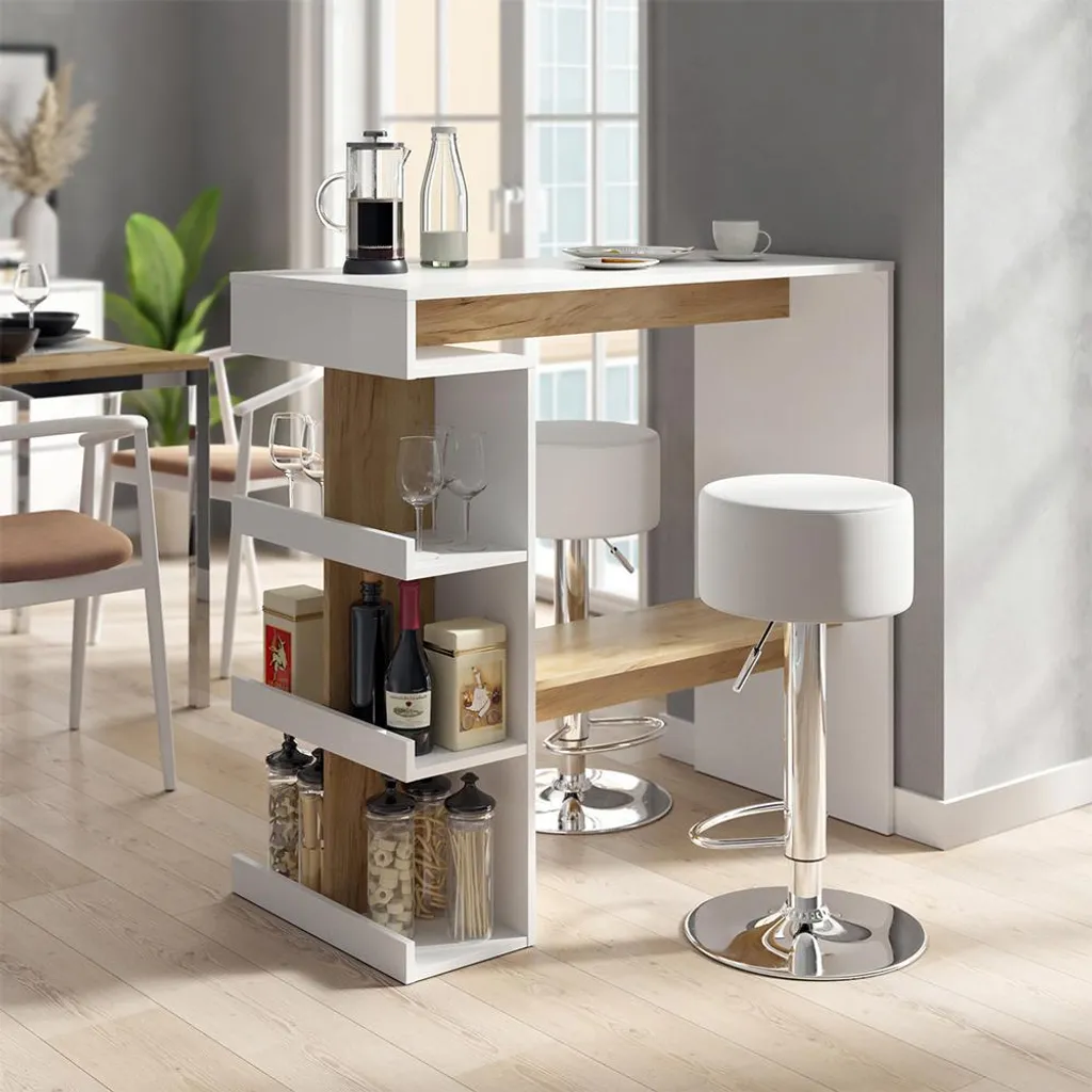 Mange-debout avec tabourets de bar chêne blanc et or Vicco Dana 108x50 cm