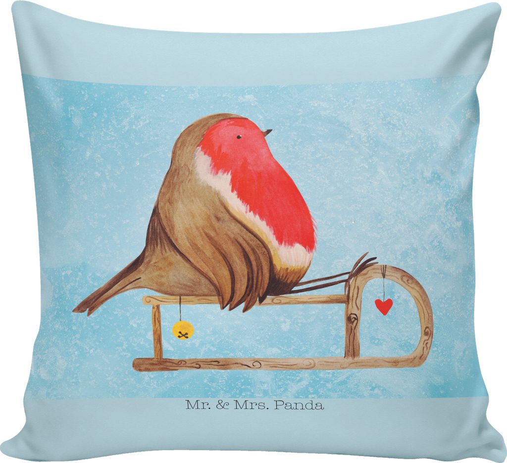 Mr. & Mrs. Panda Dekokissen Sofa Rotkehlchen Schlitten - Eisblau - Geschenk, Vogel, Polster, Weihnachten, kissen bedruckt, Kuschel, Sofakissen, kus...