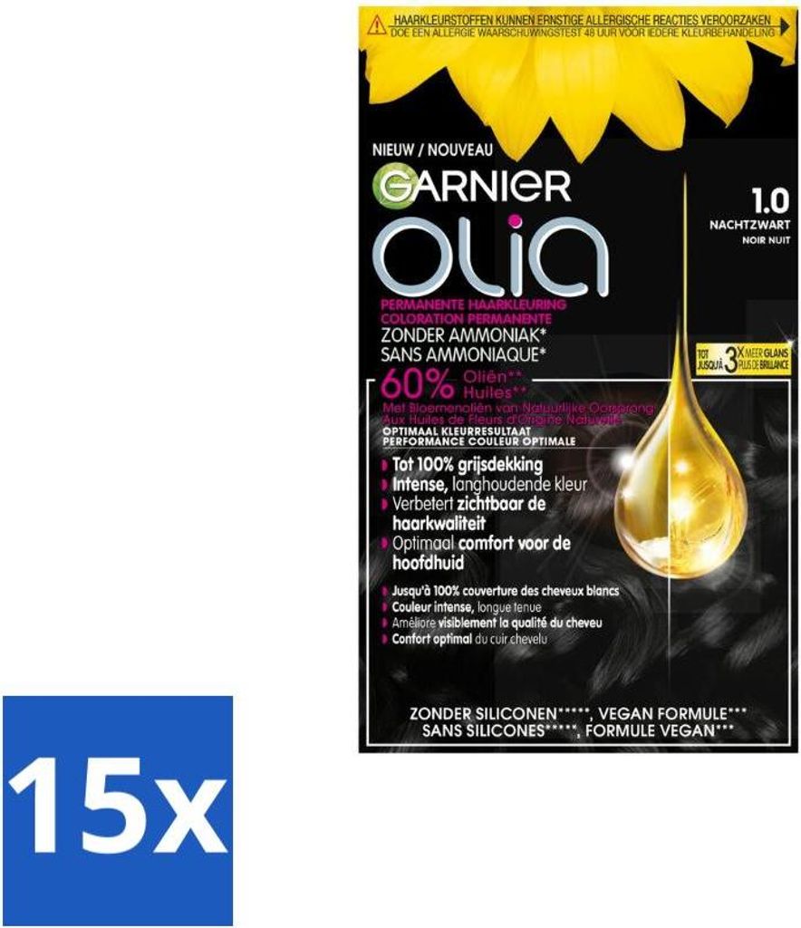 Garnier – Olia 1 – Haarfarbe – Schwarz – Ammoniakfrei – Intensive, langanhaltende Farbe – 100 % Grauabdeckung - Vorteilspack - 15 Stücke