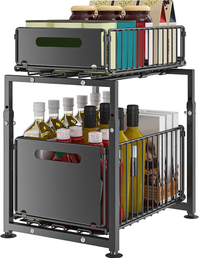 A two-tier pull-out cabinet organizer filled with bottles and jars.