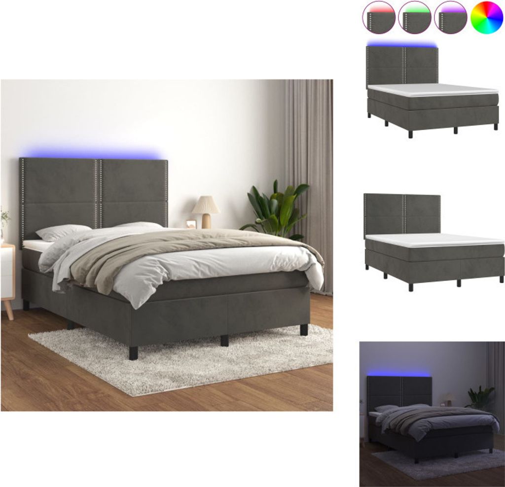 vidaXL Boxspringbett mit Matratze & LED Dunkelgrau 140x190 cm Samt - Betten & Bettgestelle