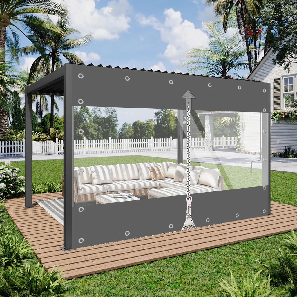 PVC-Plane - Outdoor-Vorhang mit Reißverschluss - Wasserdicht - Schwer 650 g/m² - Für Veranda, Pergola, Garage - Maße 2,4 x 2,1 m - Dunkelgrau