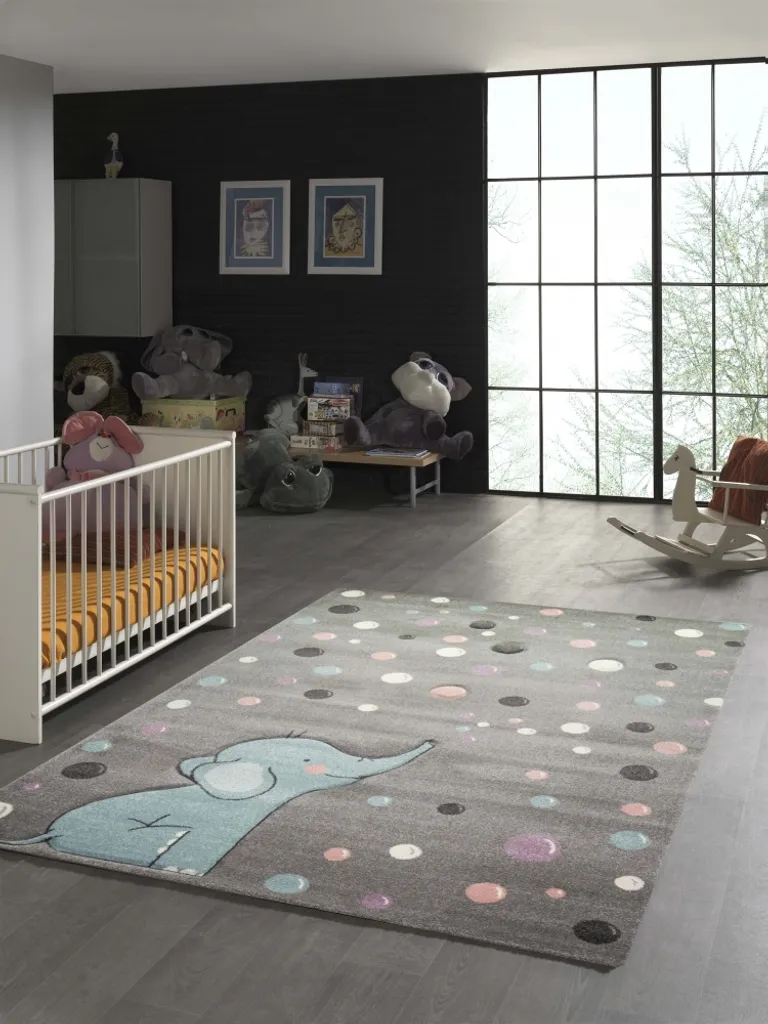 Grand tapis pour enfants à pois gris et bleus de 200 x 290 cm - Confort