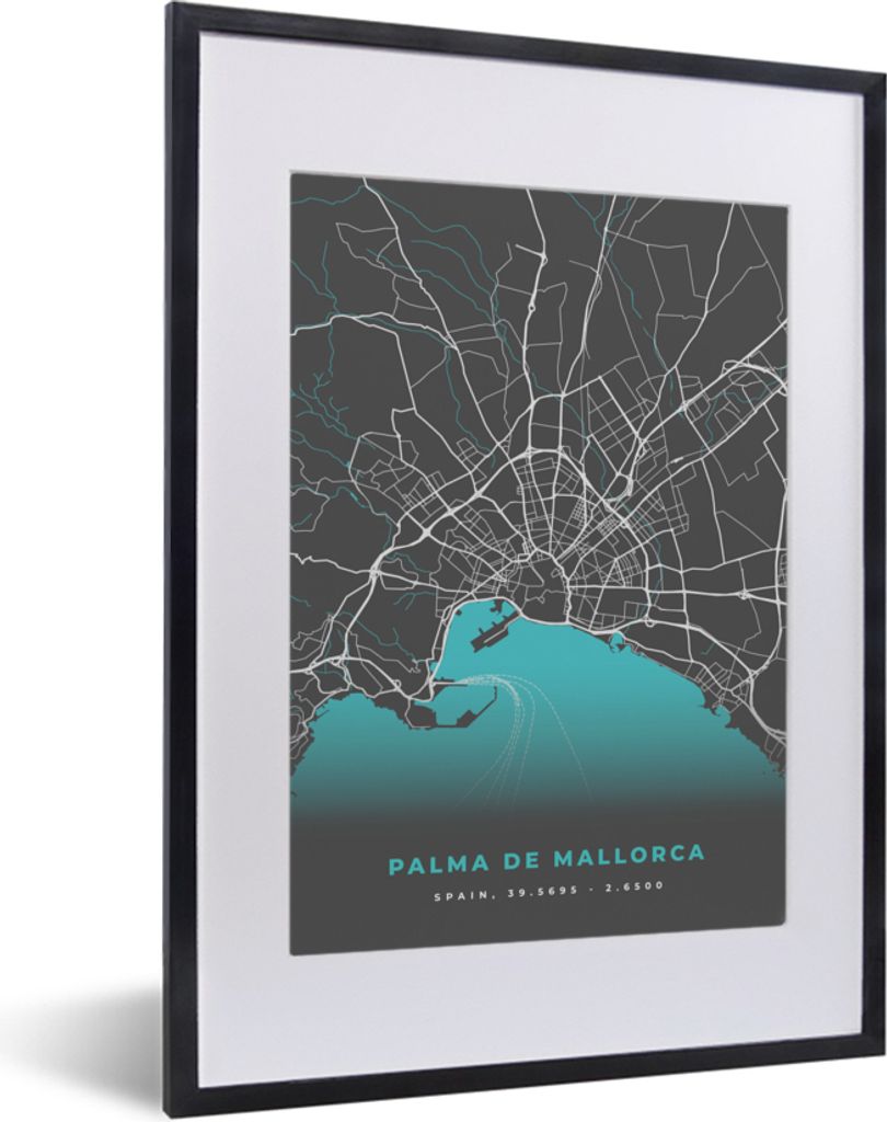 MuchoWow Gerahmtes Poster Mallorca - Stadtplan - Karte - Blau 30x40 cm - Poster mit Schwarzem Bilderrahmen Wandposter Rahmen Foto Bilder - Wandpo...