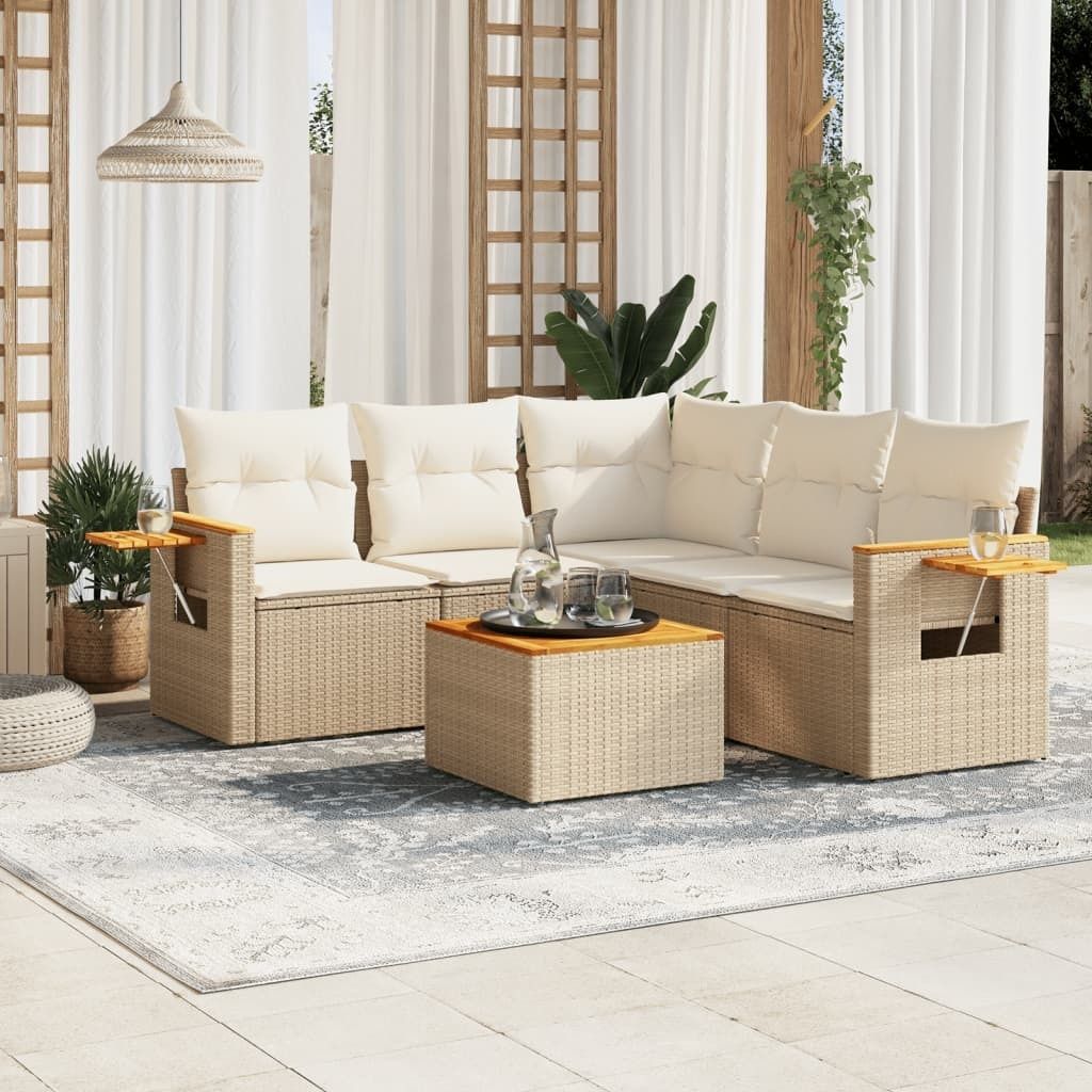 Design 6-tlg. Garten-Sofagarnitur mit Kissen Beige Poly Rattan, Gartenmöbel-Sets 2024 Neu
