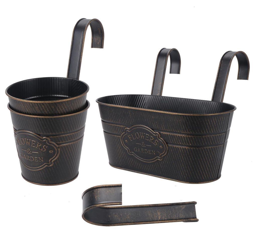 Vintage-Metall-Hängeblumentöpfe, Hänge-Gartentöpfe für Zaun, Balkon, Gartenpflanzgefäß, Wohndekoration mit abnehmbaren Haken (rund + oval)