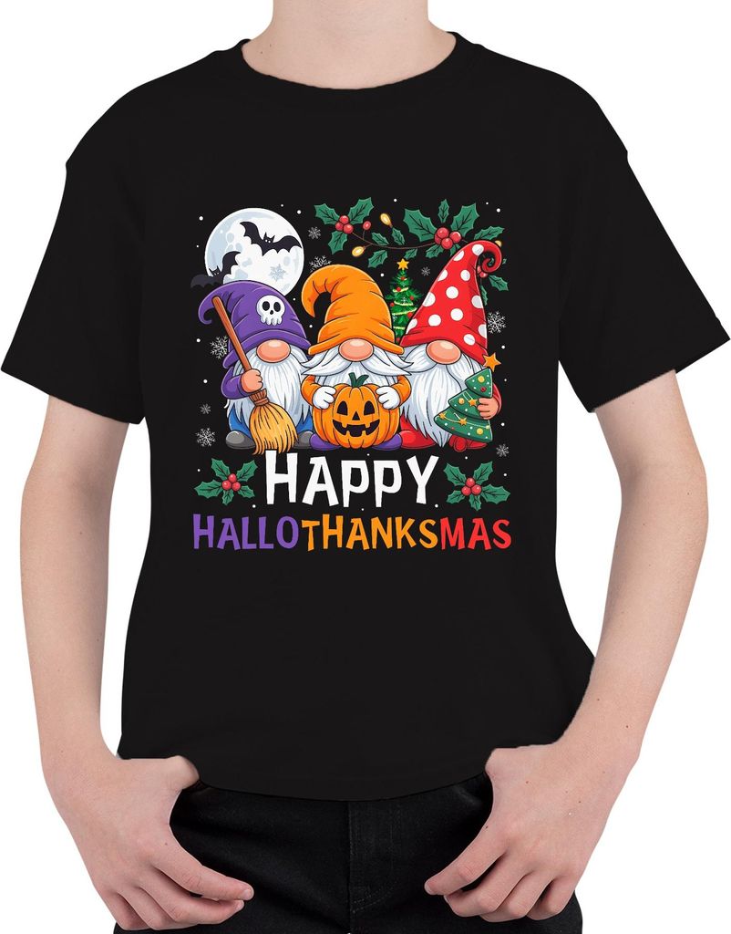 Gnome Happy HalloThanksMas Halloween Kürbis Weihnachten Geschenk Uni Kinder T-Shirt, Schwarz, 140