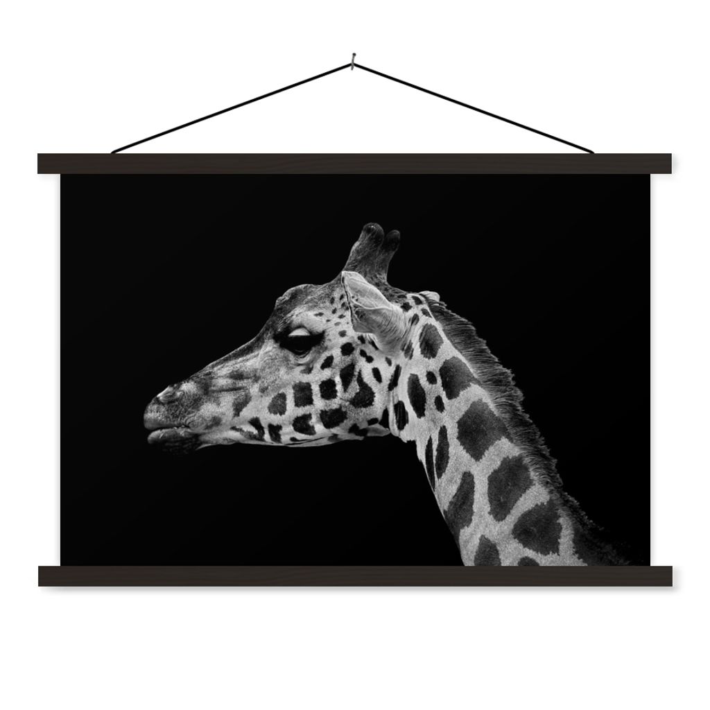 MuchoWow Textilposter Tiere - Giraffe - Schwarz - Weiß 90x60 cm mit schwarzem Rahmen - Aufhängungssatz