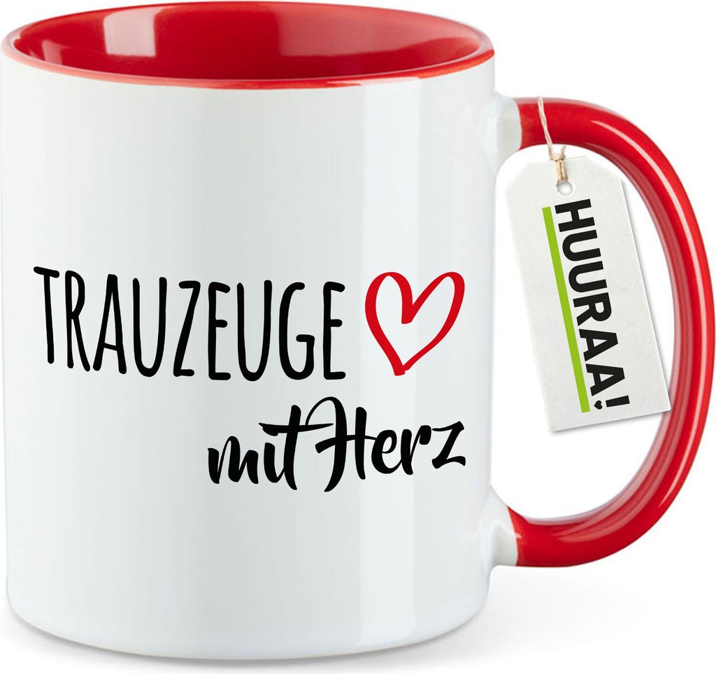 Huuraa Kaffeetasse Trauzeuge mit Herz 330ml Rot Keramik Kaffeebecher Geschenkidee