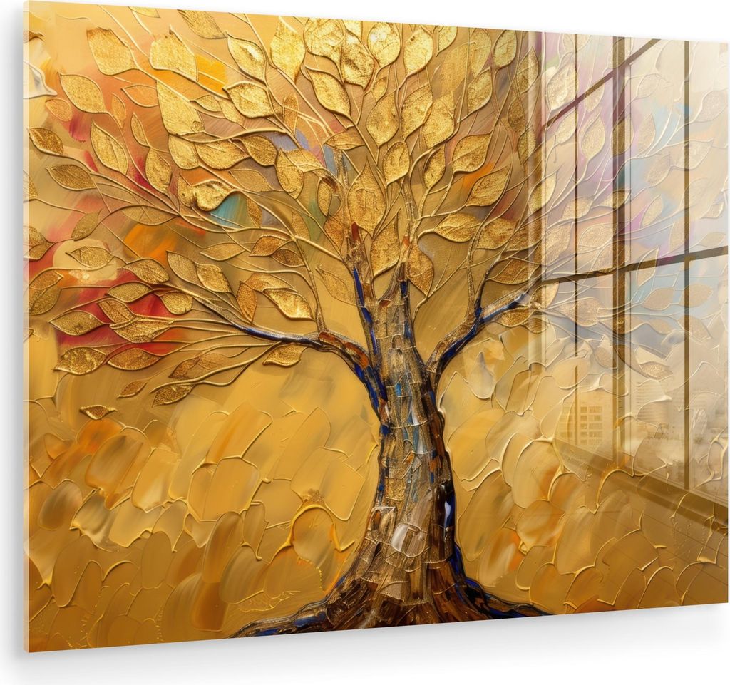 MuchoWow Glasbilder - Bilder auf Wandbild - Foto auf Glas Gold - Baum - Abstrakt - Modern 40x30 cm Wanddekoration aus Glas - Acrylglasbild - Acrylb...