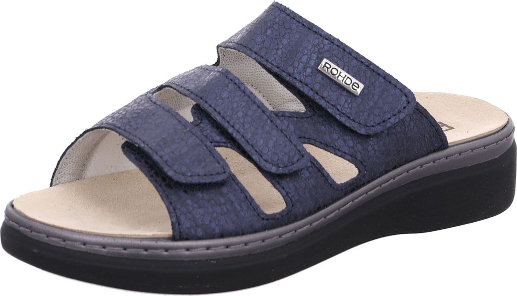 Rohde Damen Pantolette aus Veloursleder mit drei Klettverschlüssen Abano 5221, Größe:39 EU, Farbe:Blau