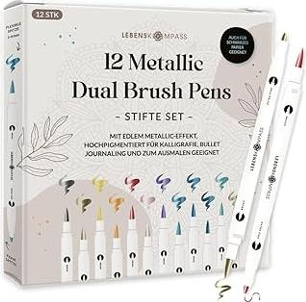 LEBENSKOMPASSMetallic Dual Brush Pen Set mit 12 wasserbasierten bunten Farben für schimmernde Metallic-Effekte Pinselstifte für Malbücher, Handl...