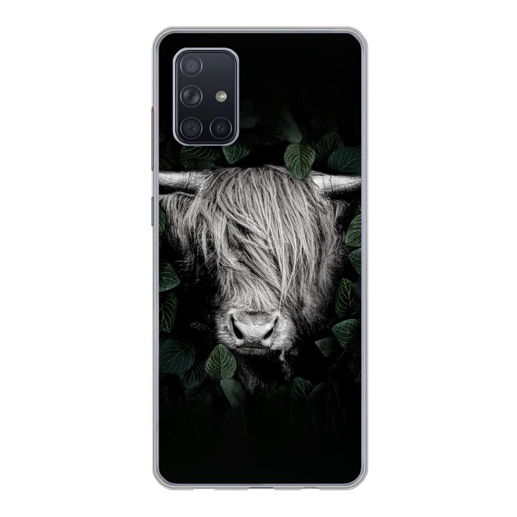 MuchoWow Handyhülle Schutzhülle Hülle für Samsung Galaxy A51 Schottischer Highlander - Blätter - Porträt Silikon Softcase Handy Hülle - Sc...