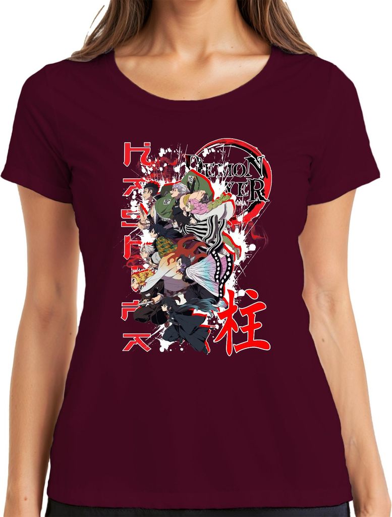 Demon Slayer Kimetsu no Yaiba Anime Charaktere Geschenk Grunge Damen T-Shirt, Burgundy, S