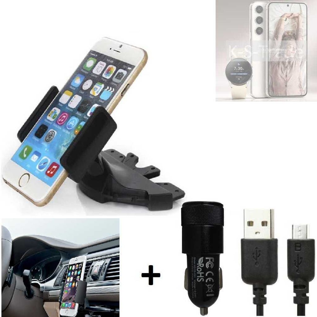 TOP SET K-S-Trade Autohalterung kompatibel mit Samsung Galaxy S23 CD Schlitz Halterung KFZ-Halter Radio Handy Halterung 360° drehbar DVD-Schacht