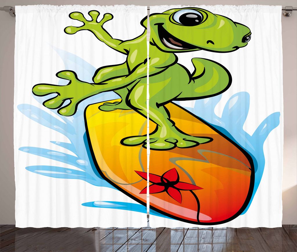 ABAKUHAUS Reite die Welle Rustikaler Gardine, Niedlicher Gecko Surf, Schlafzimmer Kräuselband Vorhang mit Schlaufen und Haken, 280 x 225 cm, Lindg...