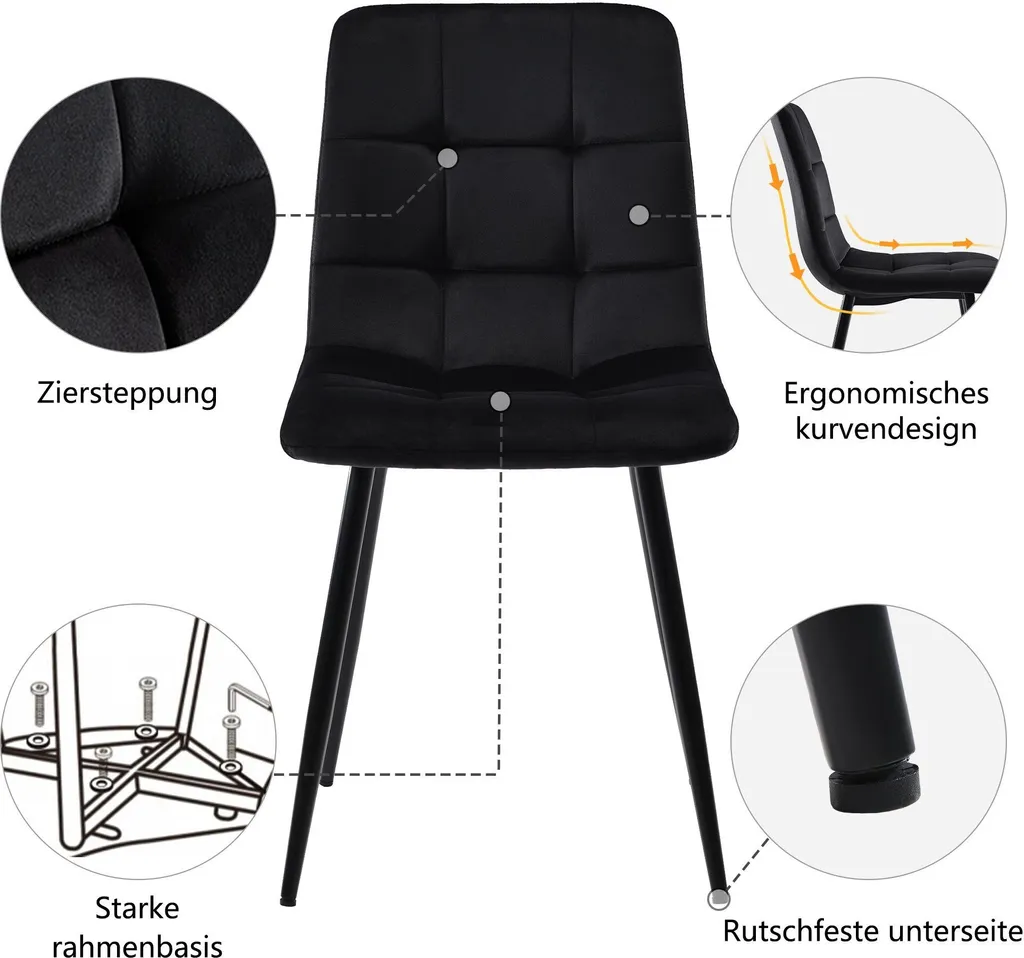 Set de 4 chaises confortables pour table de cuisine en velours doux