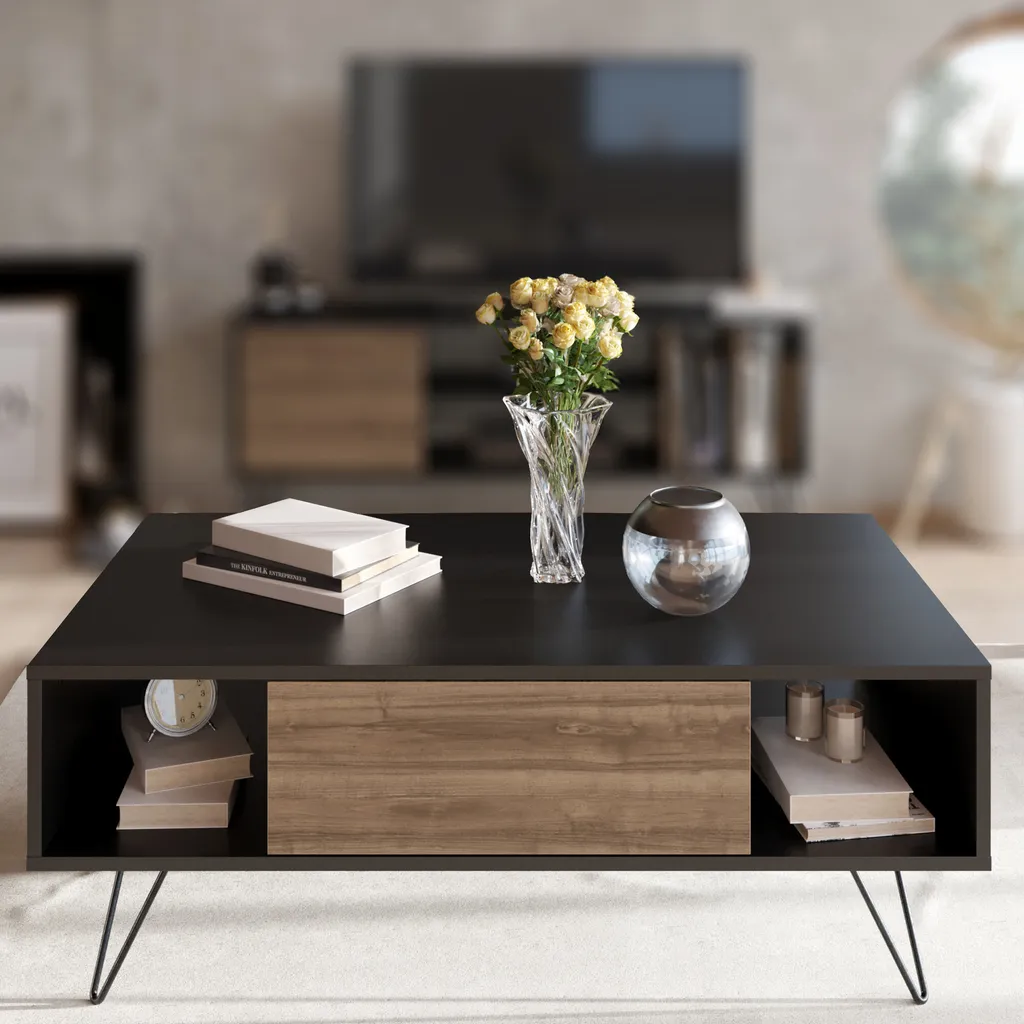 Table Basse de Salon Design Noir et Bois Noyer Mistico 120 cm de Large - 2