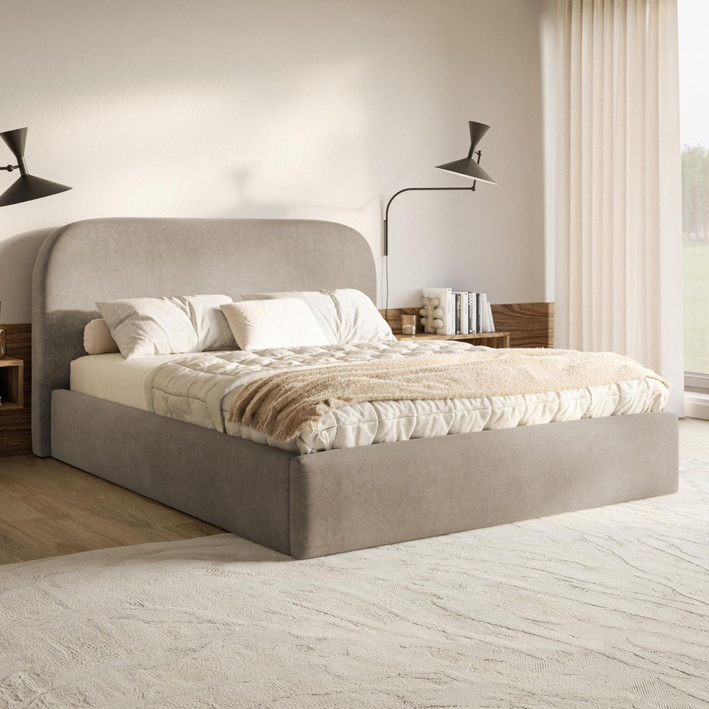 MOTIVENA Mono Polsterbett 180x200 mit Bettkasten, Holz Lattenrost, Bett 180x200 Beige Samt (Jasmine 24)