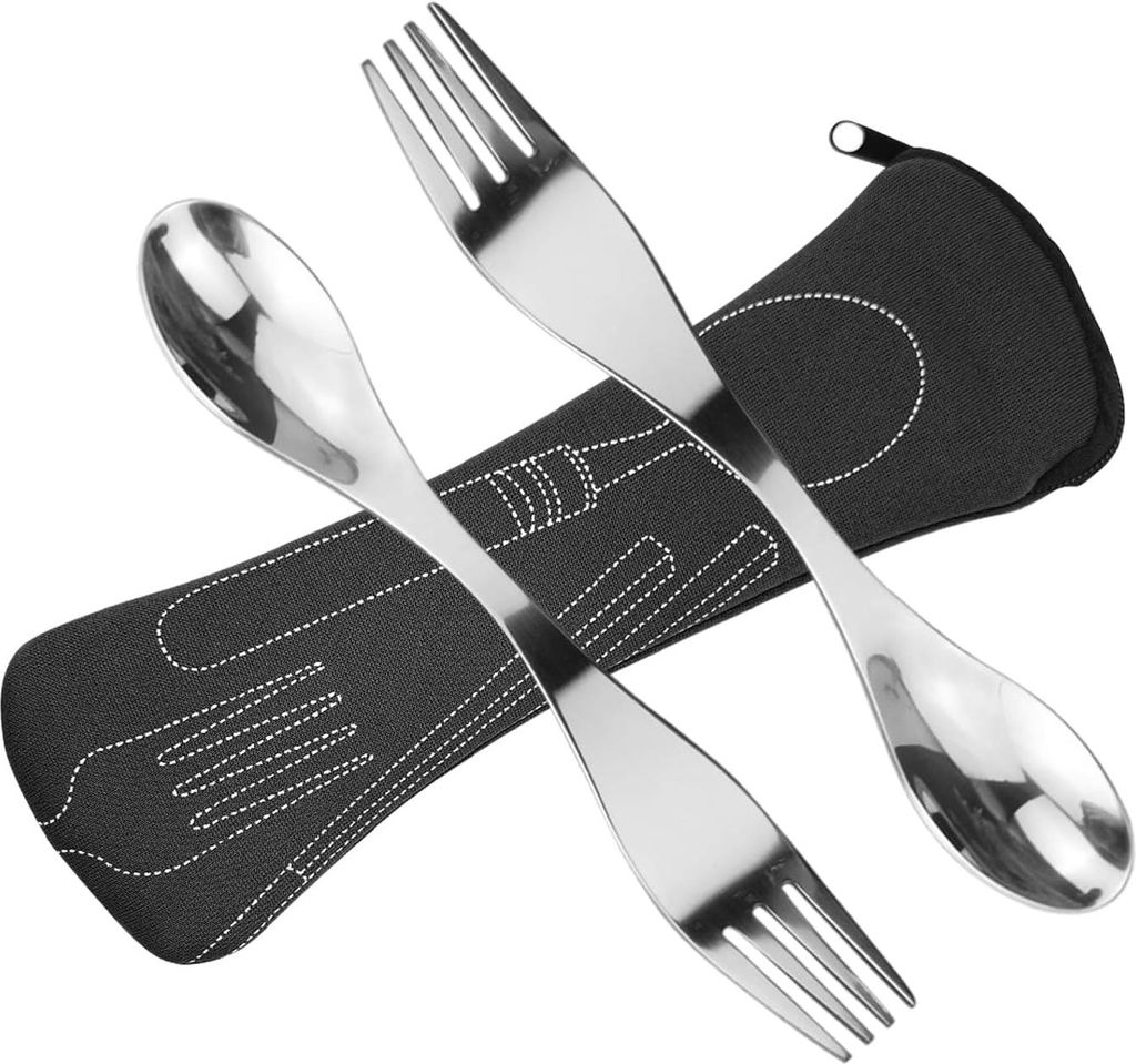 Draagbare roestvrijstalen sporks camping bestek set van 2 - zwart, compact en handig