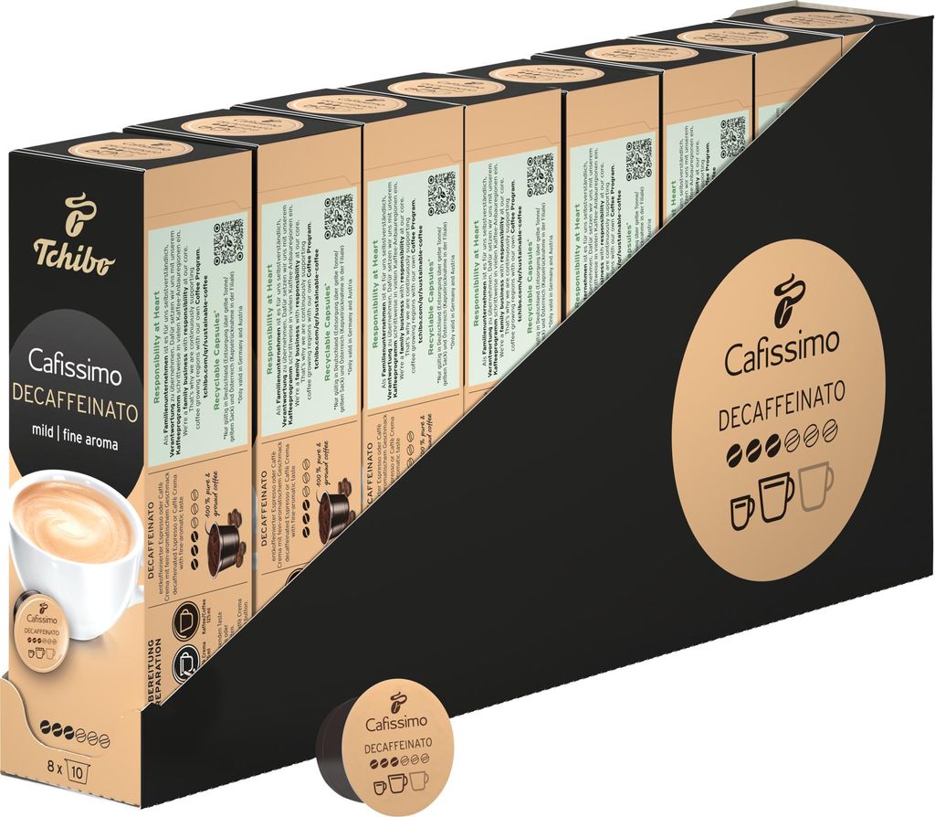 Tchibo Cafissimo Vorratsbox Caffè Crema entkoffeiniert Kaffeekapseln, 80 Stück – 8x 10 Kapseln (Kaffee, mild mit feinem Aroma), nachhaltig & fa...
