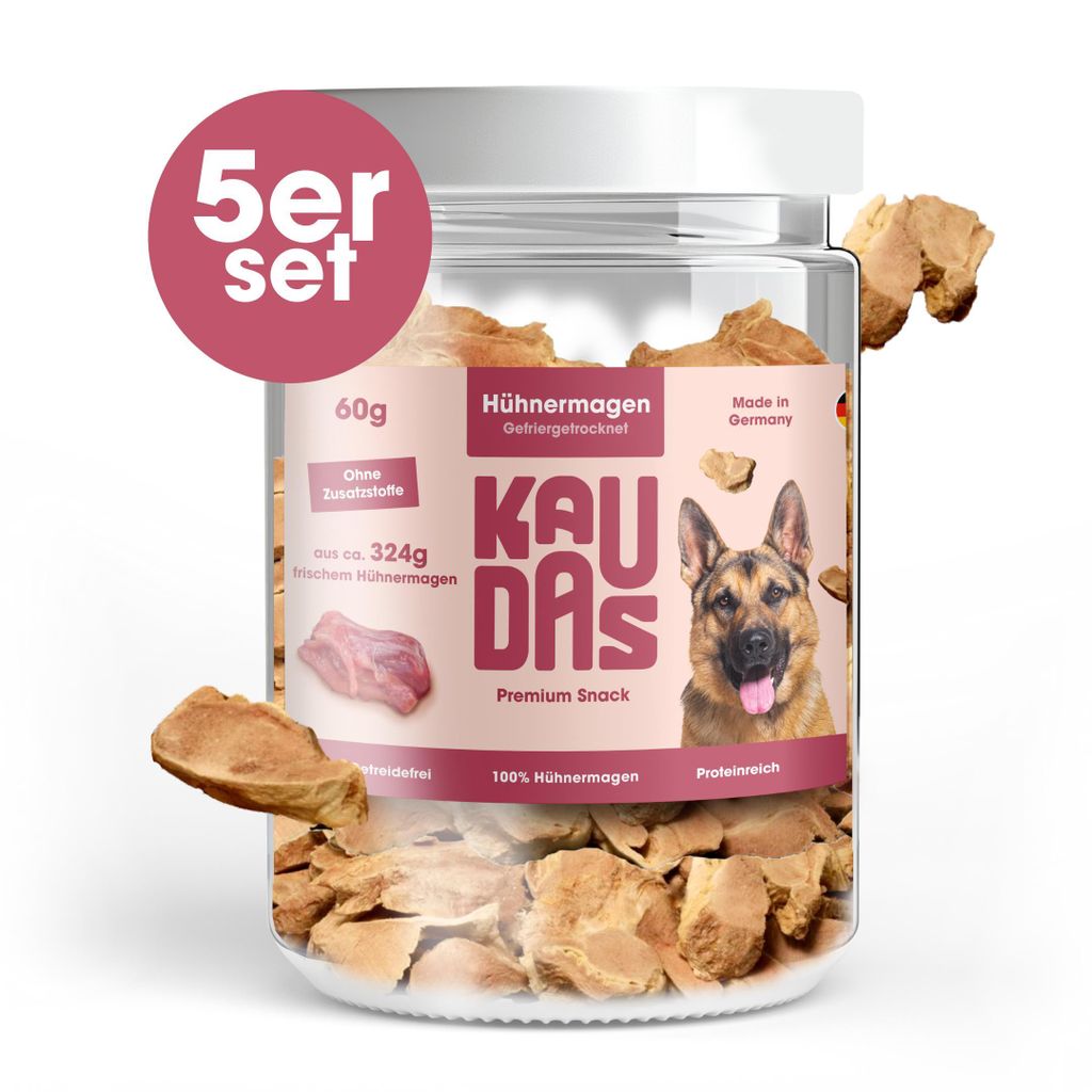 KAUDAS Hundesnack HühnermagenPur - 5× 60g gefriergetrocknetes Huhn - 324g Rohgewicht