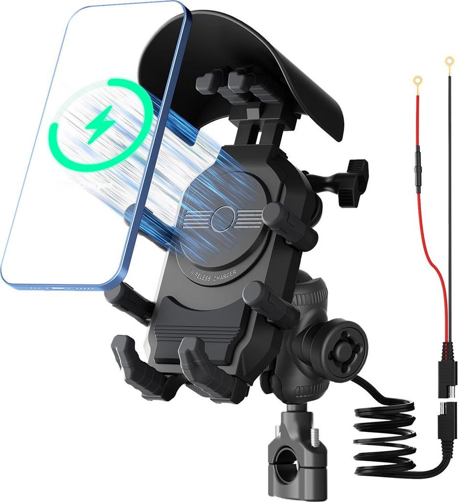 Motorrad-Handyhalterung mit 15W Wireless Charger, PD/USB-C Schnellladung, Anti-Vibration, Diebstahlsicherung, Sonnenblende