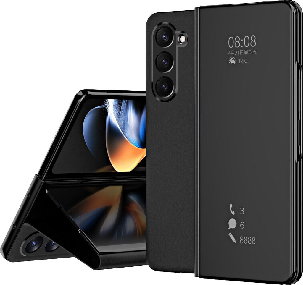 Hülle für Samsung Galaxy Z Fold 6 Lichtdurchlässigen Spiegel Abdeckung, Klappetui Ständer Kunstleder Schutzhülle Schwarz