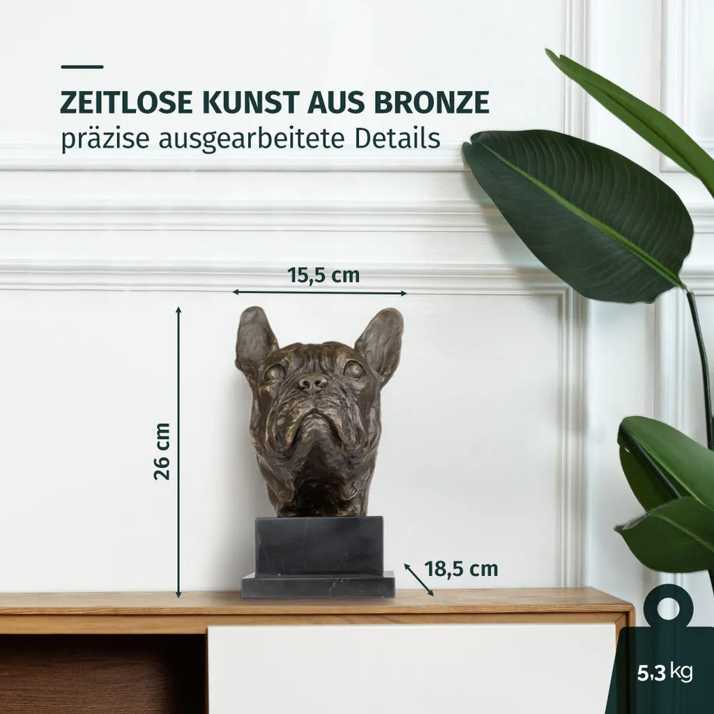 Buste de Chien Bouledogue en Bronze Véritable et Marbre, Objet de Déco - 2