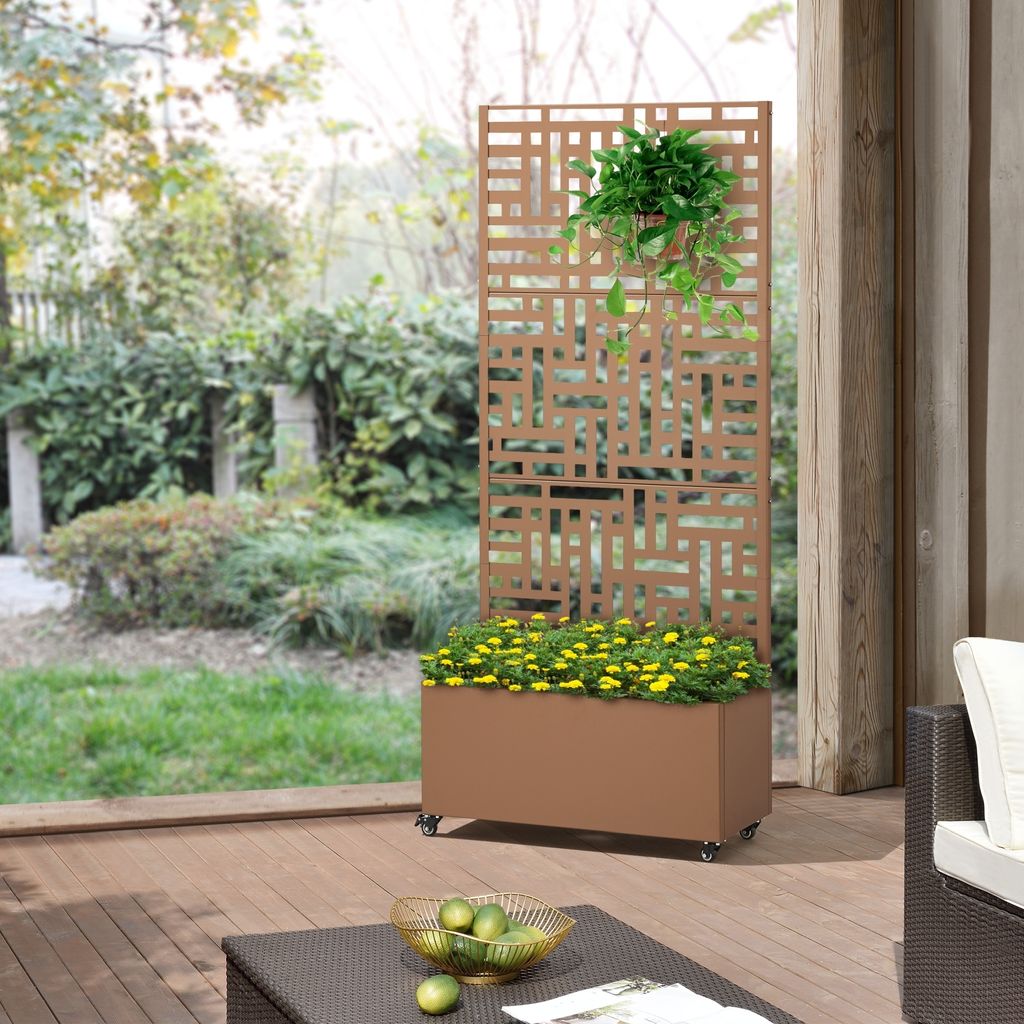 Trennwand ‘Bernalda’ mit Blumenkasten Rollen Stahl 190 x 82 x 38 cm Braun