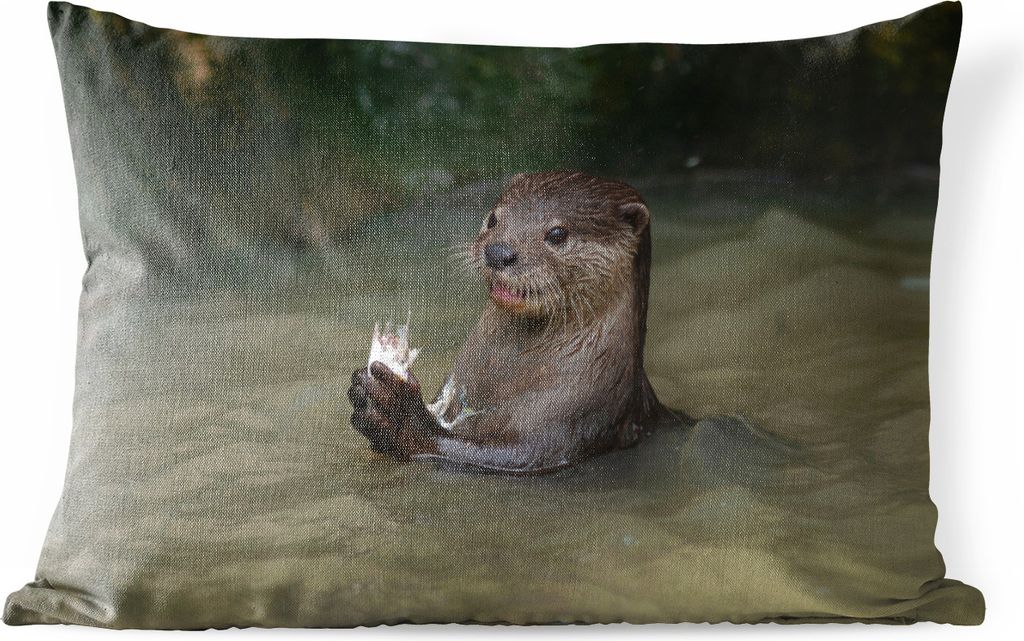MuchoWow Outdoor Kissen - Otter mit Futter im Wasser - 60x40 cm - Wetterfest - Lounge Kissen - Zierkissen - Kissen für Innenräume