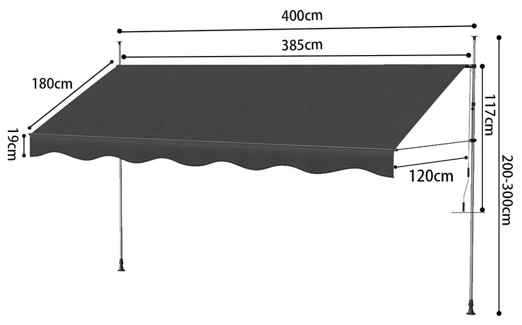 Ausziehbare Seitenmarkise - Balkon- und Terrassensichtschutz - 400 cm breit - Manuell - Höhenverstellbar - Poly-Baumwolle - Schwarz