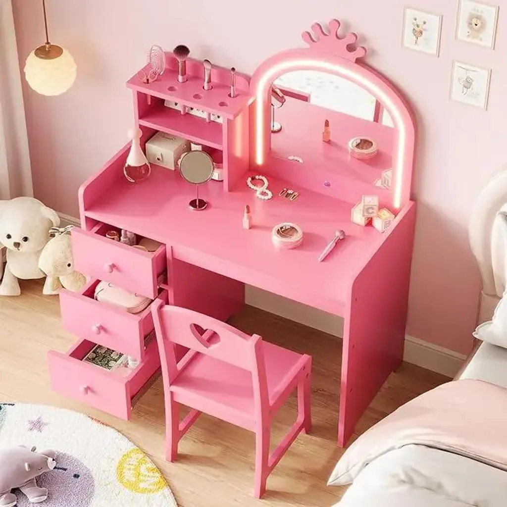 Coiffeuse pour enfants avec miroir éclairé et structure en métal rouge - 6