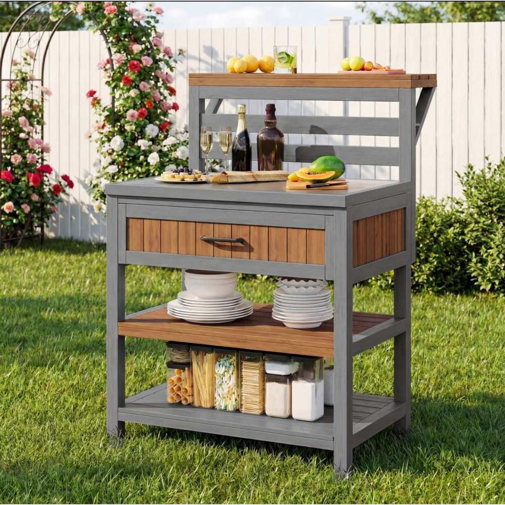 Wetterfester Geräteschrank aus Holz für Terrasse & Balkon, mit großer Arbeitsfläche, Schublade und verstellbaren Regalen, ideal als Grillstation.