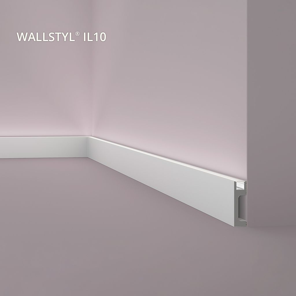 A white skirting board is installed along the bottom of a pink wall and on a purple floor, in the corner of a room.