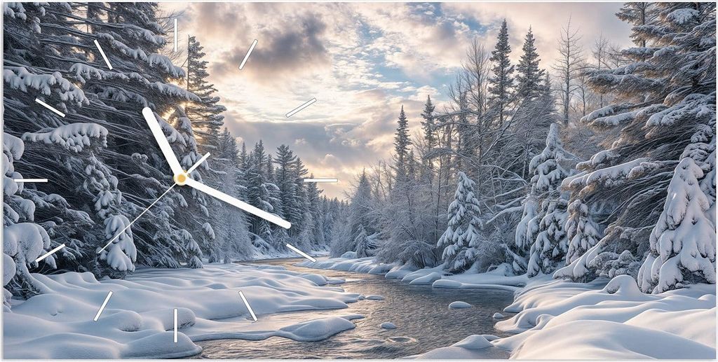 Wanduhr aus Glas mit Motiv Winterfluss- 60 x 30 cm - inkl. Aufhängesystem