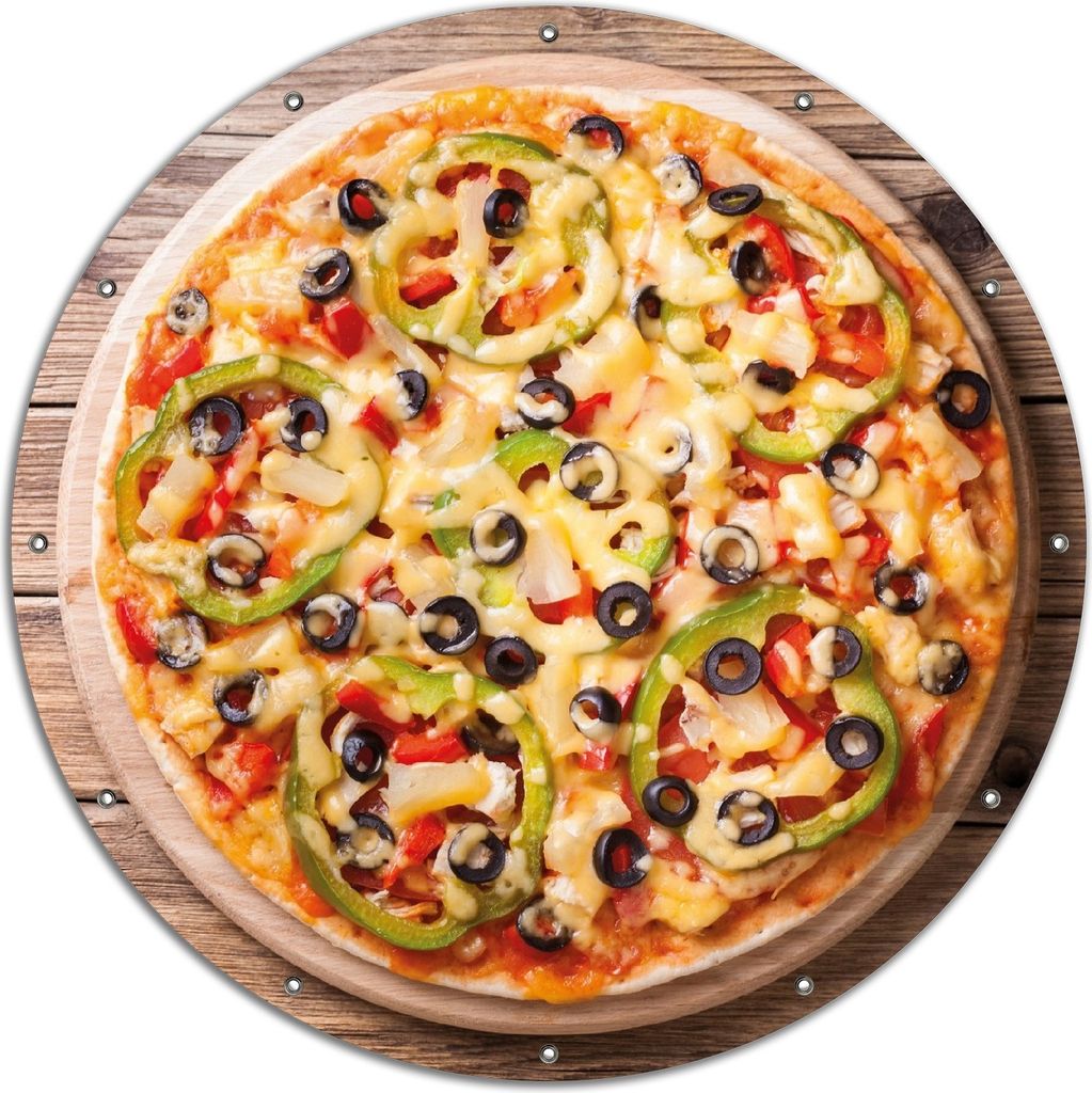 Wallario rundes Outdoor-Poster für Garten oder Balkon, Motiv Italienische Pizza mit Peperoni, Oliven. Paprika und Käse, 120 cm Durchmesser