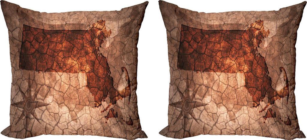ABAKUHAUS Massachusetts Kissenbezug Set (2Stück), Gebrochen Papier-Effekt Hintergrund mit State Map USA Kartographie Theme, 45 x 45 cm, Rust und P...