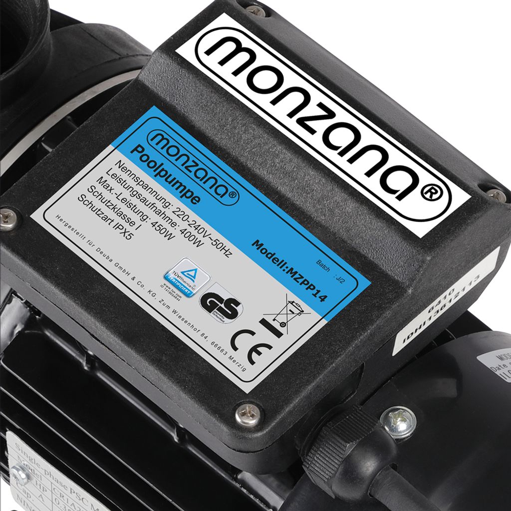 A close-up of a black pool pump with a blue label showing product specifications and certifications.