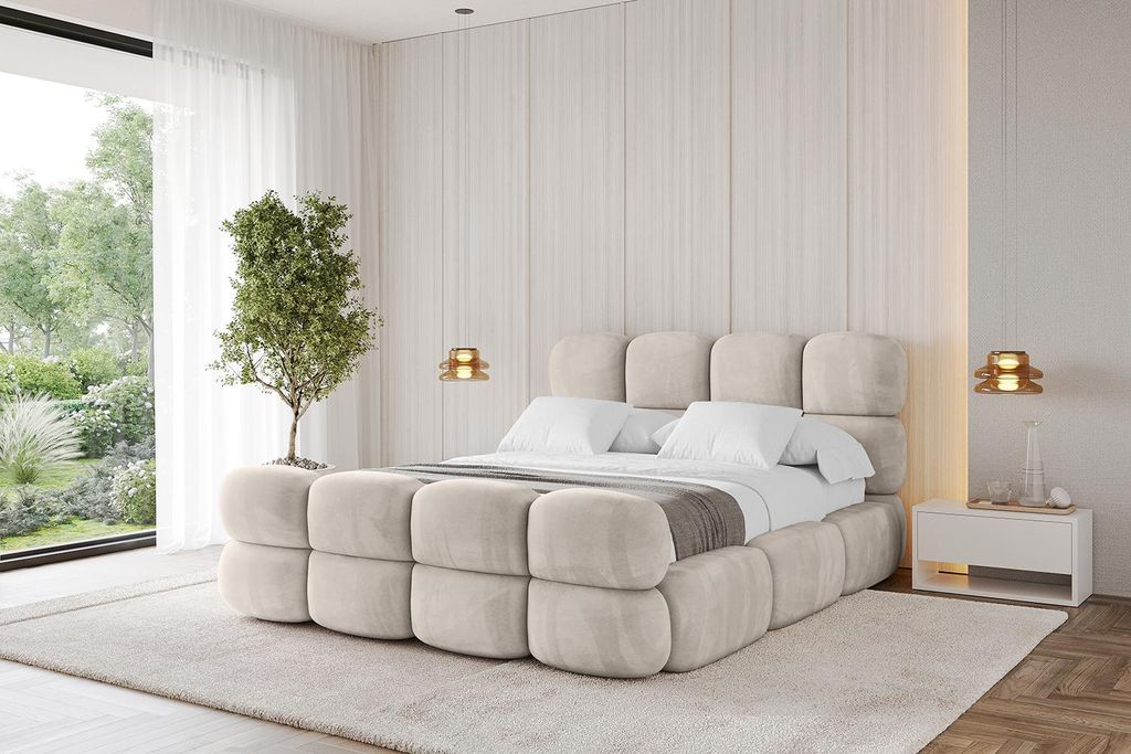 ALTDECOR Polsterbett mit Bettkasten - NOMA-Z 200x200 Beige - Bett mit Kopfteil und Fußteil, Boxbett ohne Matratze, Doppelbett mit Stauraum