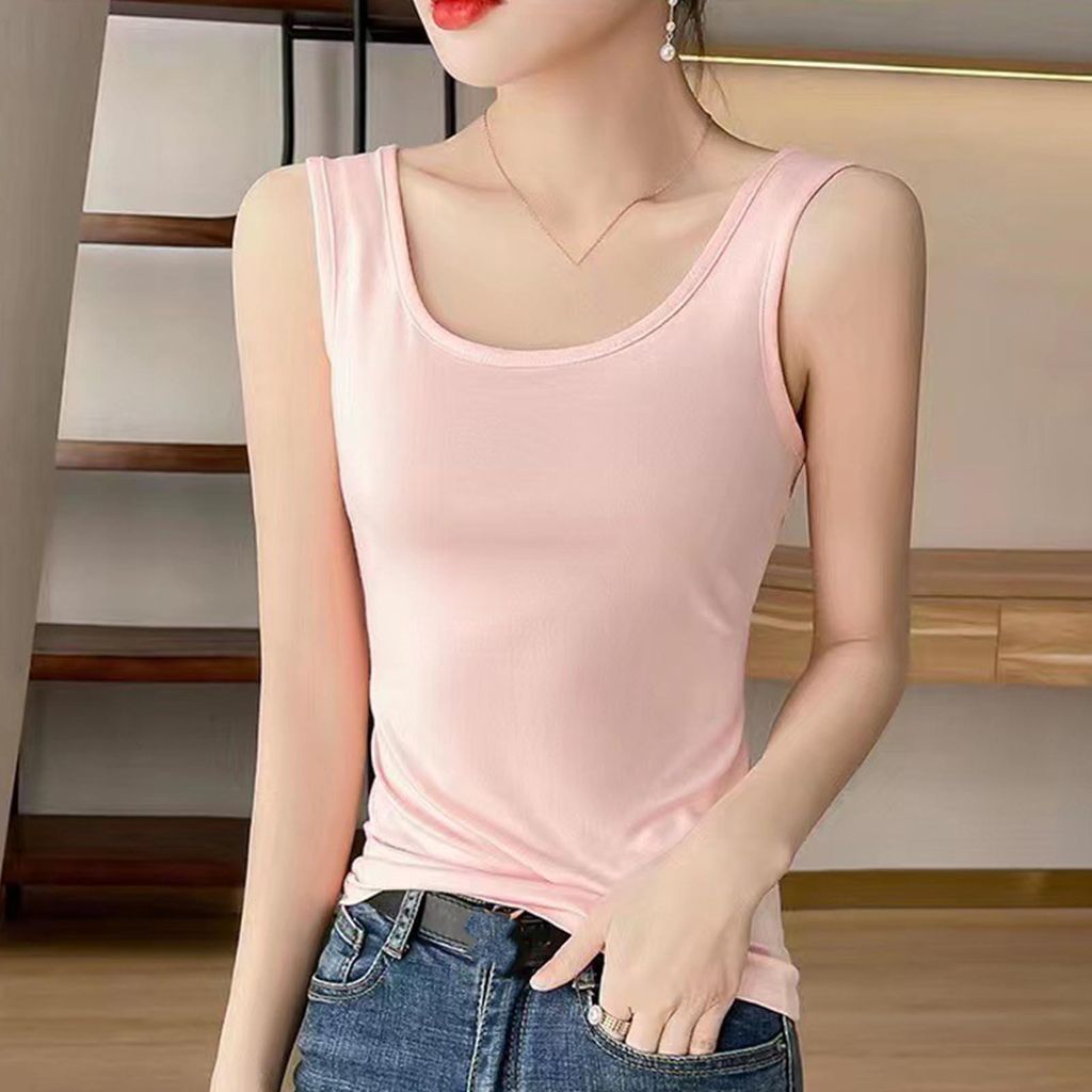 Damen-Tanktop, weich, atmungsaktiv, Camisole, breiter Träger, ärmellos, reine Farbe für Frühling und Sommer, Rosa, L
