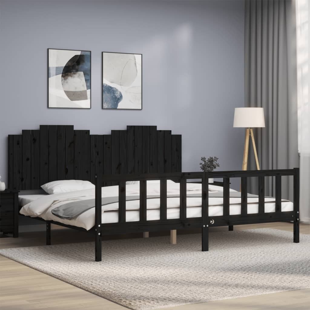 The Living Store Massivholzbett mit Kopfteil Schwarz 200x200 cm