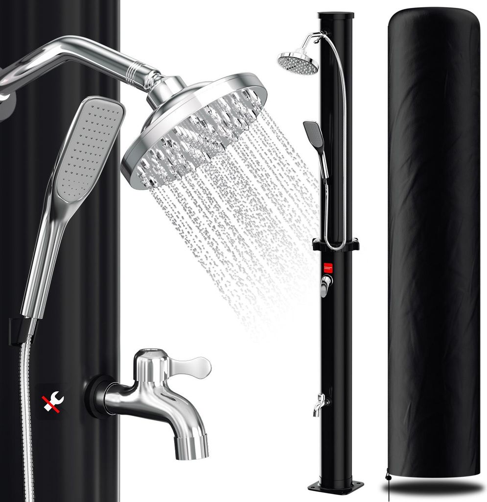 Faziango Solardusche Gartendusche 35L mit Abdeckhaube, Handbrause und Drain Stop – Standsäule für Garten, Pool & Camping in Schwarz