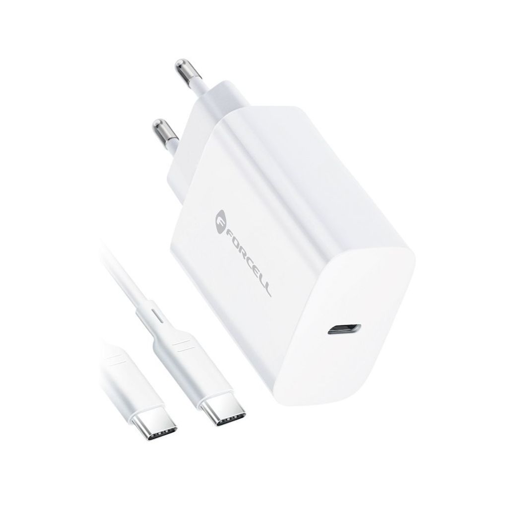 Forcell 25W PD QC 4.0 USB-C Fast Charger + USB C to USB C Cable White