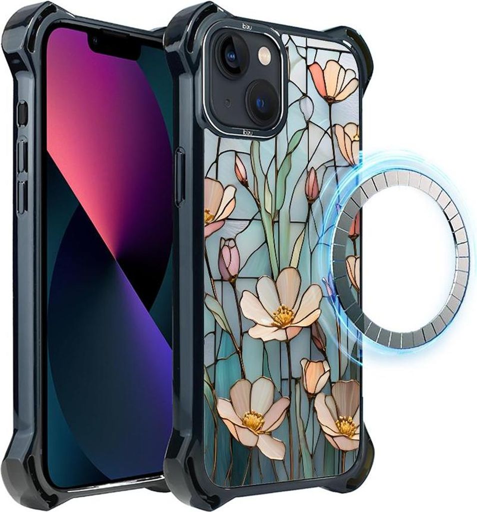 Schutzhülle für das iPhone 13, MagSafe-kompatibel, verstärkte Ecken, schwarz, Glasmalerei, Feldblumen