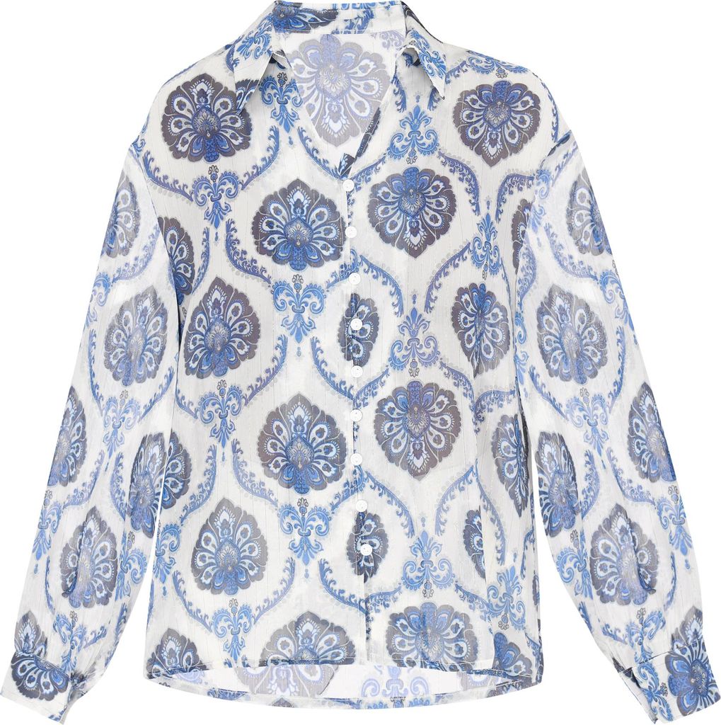 Damen Bluse Blau, locker geschnitten, klassischer Kragen, Größe L